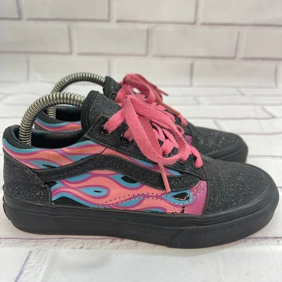 Vans Shoes | Vans Authentic Canvas Skate Shoes Flame Fire Pink Glitter Sparkle Velcro Strap | Color: Black/Pink | Size: 13.5g | Simpledecisions's